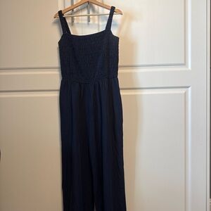 ON 34th Navy Striped Smocked Wide Leg Jumpsuit w/ Pockets Size L
